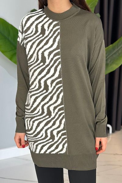 REMSA Khaki Zebra Feather Detailed Knitwear Tunic 35022