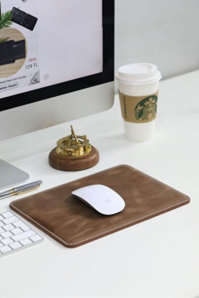 Çıkrık Antique Brown Leather Mouse Pad with Guard Stitching Detail 26 X 20 Cm