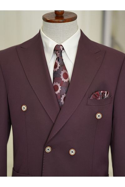 LONATOLİA Men's Italian Style Slim Fit Double Breasted Jacket - Punto Stitching, Bag Pocket, Half Lined - Purple