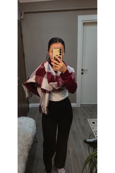 TREND Double Sided Plaid Wool Shoulder Shawl - 70*200 cm - Winter Shawls Burgundy