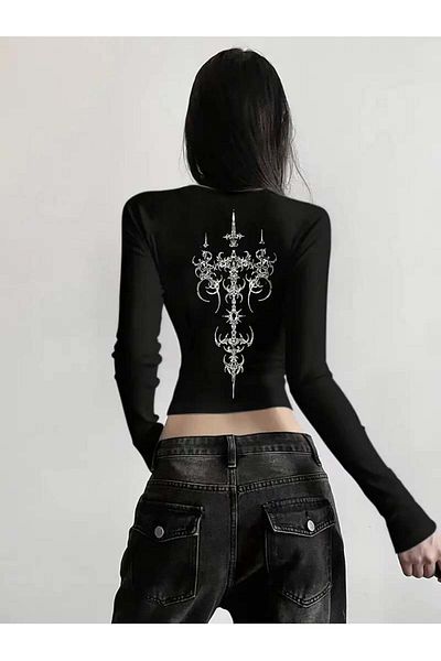 Touz Moda Gothic Crop Blouse - Long Sleeve and Back Print