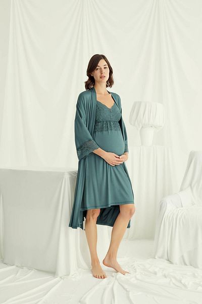 MONAMİSE Green Maternity Nursing Featured Nightgown Dressing Gown Set