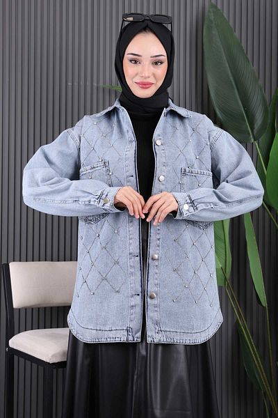 İmajButik Τζιν μπουφάν με μπλε πέτρα