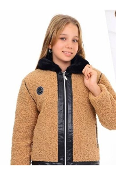 STYLENEST Kız Çocuk Pelüş Deri Detaylı  Yakası Kürklü Fermuarlı  Mont Ceket