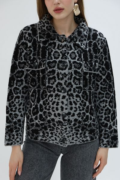 VEGENZE Women's Anthracite Leopard Crew Neck Buttoned Wool Cardigan