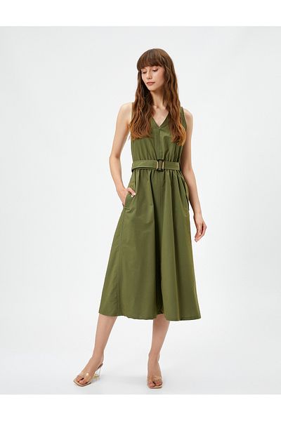 Koton Midi Dress V-Neck Belted Pocket Thick Straps