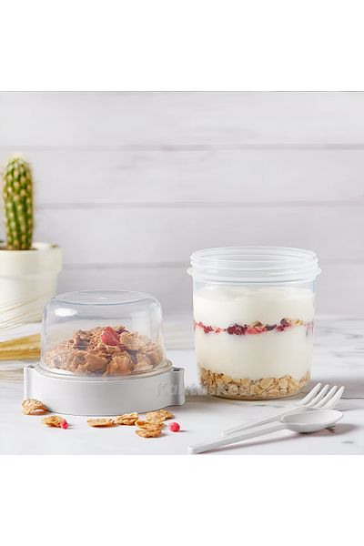 KaktüsKedi Diet Yogurt Fix Holder with White Lid Spoon and Fork - Food Storage Container