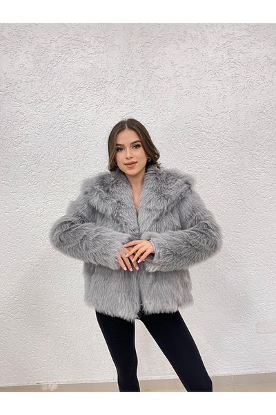 MODA Women's Gray Lined Premium Fur Coat