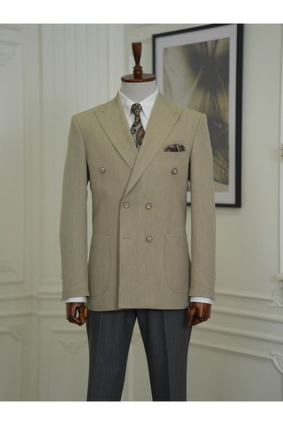 LONATOLİA Men's Italian Style Slim Fit Double Breasted Jacket - Punto Stitching, Bag Pocket, Half Lined, Cream