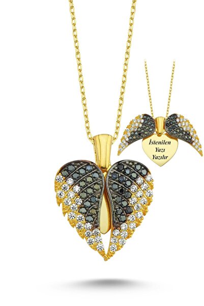 Takı Dükkanı Siyah Beyaz Taşlı Isimli Aşkın Kanatları Gümüş Kalpli Kolye Wsn1...