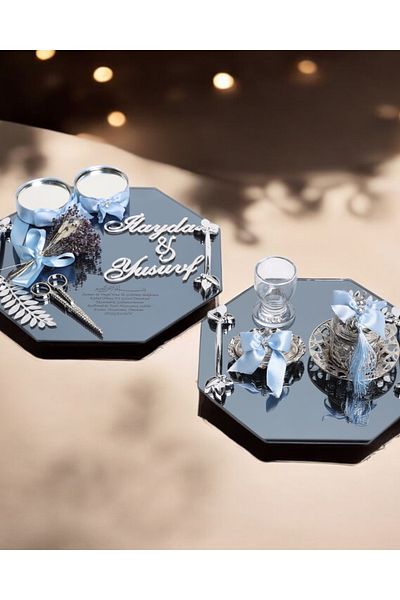 CyzHome Affinity Octagonal - Silver Engagement and Groom Coffee Cup Tray, Blue