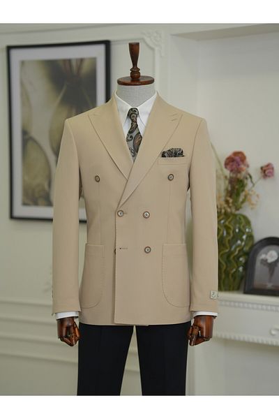 LONATOLİA Men's Premium Italian Style Slim Fit Punto Bag Pocket Half Lined Double Breasted Jacket - Beige