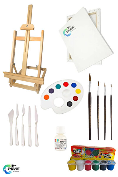 everart Resim - Boya Seti Lüks - Masa Üstü Şövale, 2 Adet 25x35 Tuval, Akrilik Boya Resim Başlangıç Seti