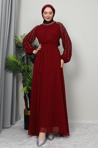GİZ AGİYİM Burgundy Hijab Dress - Semra
