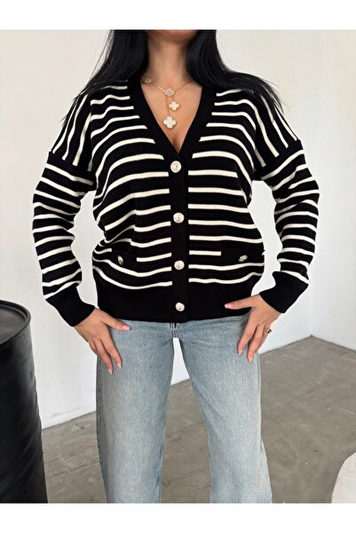 Brantu Γυναικεία ζακέτα με ριγέ τσέπη με κουμπιά V λαιμόκοψη