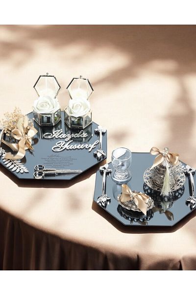 CyzHome Affinity Octagonal Silver Promise Engagement Tray and Groom Coffee Cup Tray