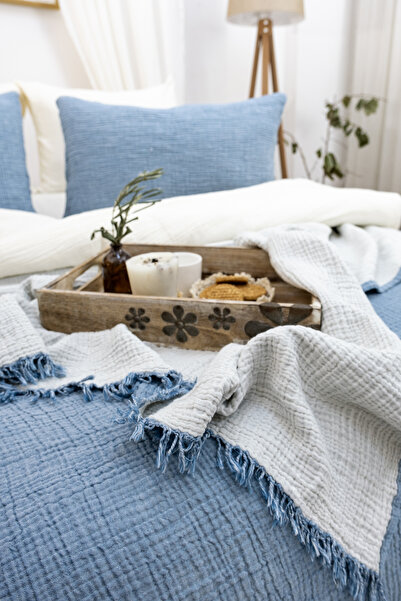 Tasarım Hb&victory Müslin %100 Pamuk Tek Kişilik 4 Katlı Mavi Renk Yatak Örtüsü 160x230 Cm.