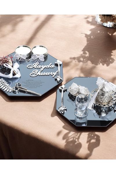 CyzHome Affinity Octagonal - Silver Engagement and Groom Cup Tray White