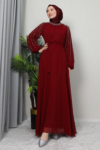 GİZ AGİYİM Burgundy Hijab Dress - Semra