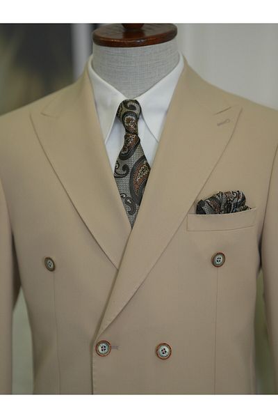LONATOLİA Men's Premium Italian Style Slim Fit Punto Bag Pocket Half Lined Double Breasted Jacket - Beige