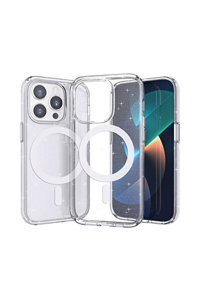 UnDePlus Apple iPhone 14 Pro Max Kılıf Magsafe Şarj Özellikli Simli Sert Şeff...