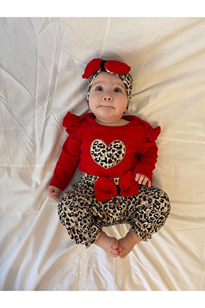 Minizade Leopard Patterned Heart Ruffled Bandana Baggy 3 Piece Set