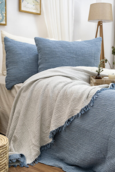 Tasarım Hb&victory Müslin Tek Kişilik 4 Katlı Mavi Renk Yatak Örtüsü 160x230 Cm.