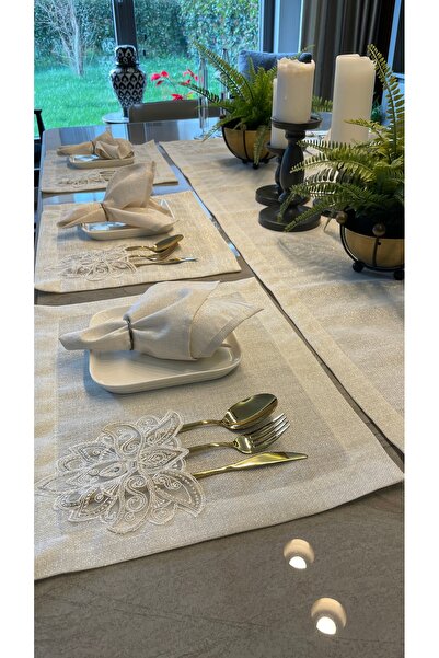 Decamor home 12 persoane Linen French Lace Gold Glitter Ecru American Service and Runner Set 13 bucăți (Fără șervețel)