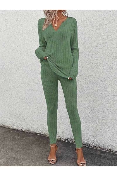 By Mino Women's Long Sleeve V-Neck Blouse Bottom Leggings Raised Camisole Double Set