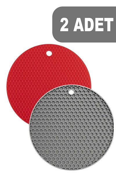 Fesya Home Set of 2 Round Silicone Trivet - Red and Gray