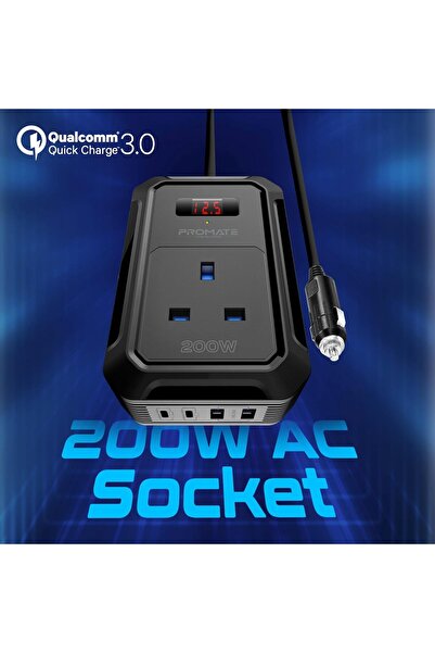 Promate Inverto-200W 5-in-1 Car Power Inverter - 200W, PD65W USB-C, PD30W USB-C, Dual QC18W USB-A, L