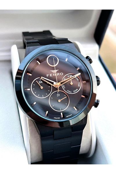 FERRO 30 Mt Waterproof Men's Wristwatch - Steel Band with Calendar F.Efm11568-Eg