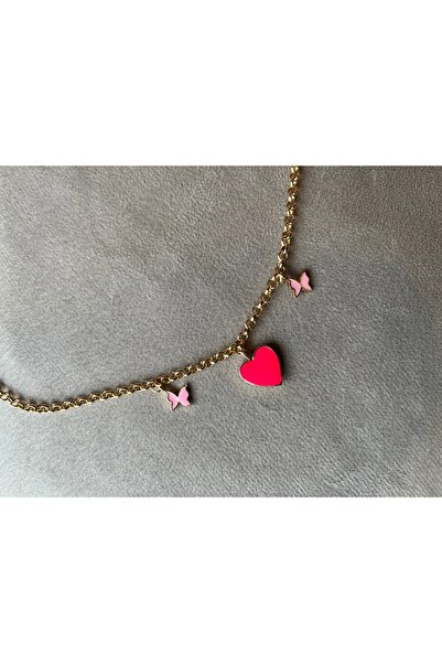 Altın Kaplama Çelik Kararmaz Zincir Ucuna Pembe Mineli Kelebek ve Kalp Kolye