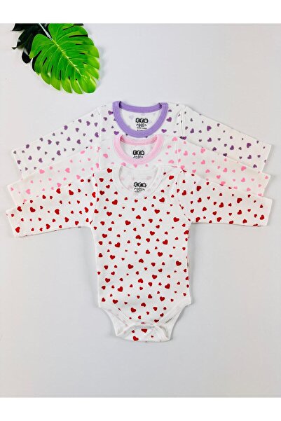 EFU BABY 3-Piece 100% Cotton Heart Patterned Long Sleeve Baby Girl Bodysuit