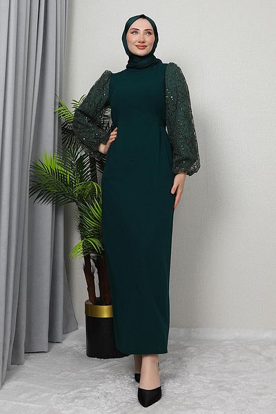 GİZ AGİYİM Emerald Colored Tulle Crepe Dress