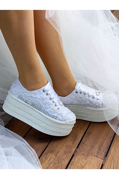 Ayakkabı Tutkusu Stilo ® Fashionable and Comfortable Wedding Dress White Platform Sneakers - Perfect Comfort with 7cm Heel Height
