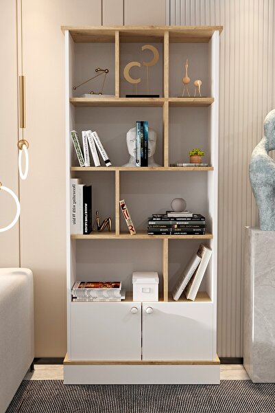 Mercie MOLY KAPAKLI KİTAPLIK Asimetrik Raflı 2 Alt Kapaklı Kitaplık - BEYAZ-S...