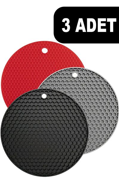 Fesya Home Set of 3 Round Silicone Trivet - Black Red Gray