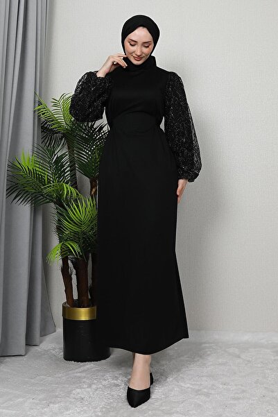 GİZ AGİYİM Μαύρο φόρεμα κρεπ - Τούλι στο μανίκι