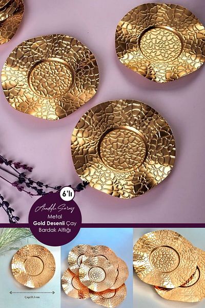 Anadolu Saray Set of 6 Gold Patterned Metal Tea Coasters Set of 6 Tea Coasters Gold Tea Plate
