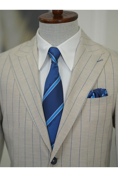 LONATOLİA Premium Men's Slim Fit Italian Style Bag Pocket Punto Stitching Unlined Striped Jacket-Cream