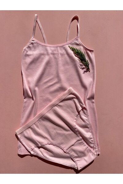 LEYNA BUTİK 4 Pieces Corded Cotton Lycra Women's Undershirt and Panty Set - Green, Pink, Blue