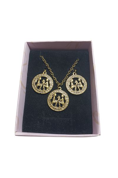 Ororabutik Bronze Color 25mm Gemini Sign Figured Necklace and Earring Set