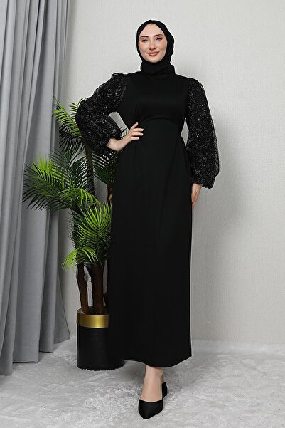 GİZ AGİYİM Μαύρο φόρεμα κρεπ - Τούλι στο μανίκι