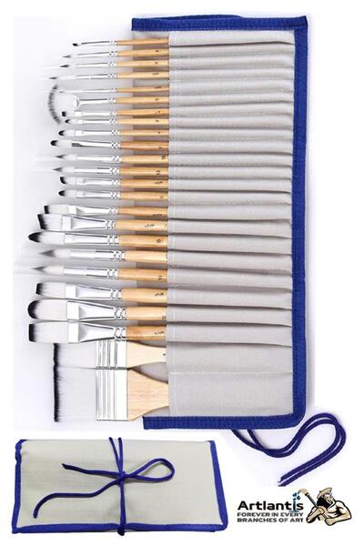 Artlantis Profesyonel Resim Fırça Seti 24 lü 1 Paket Sentetik Kaliteli Ressam Fırça Seti Çantalı Akrilik Sulub