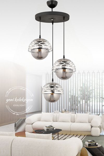 ESSLİGHT Lema 3-Piece Pendant Lamp Chandelier (Smoked Glass) Living Room Bedroom Kitchen Young Room