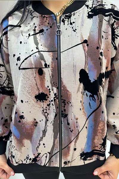 GÖKSEL Beige Large Size Printed Zippered Sweatshirt