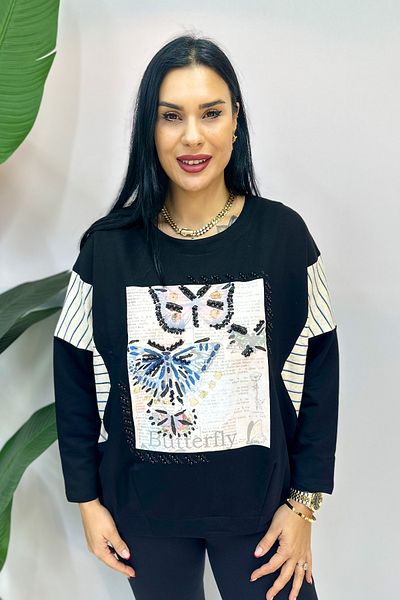 GÖKSEL Butterfly Printed Rhinestone Plus Size Sweatshirt - Black