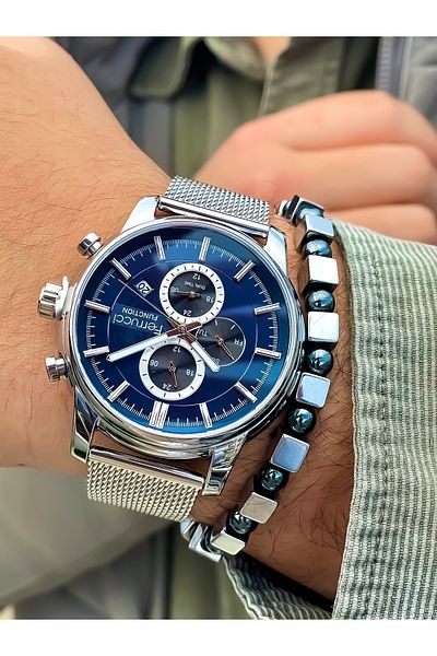 Ferrucci Multifunction Waterproof Chronometer Steel Case Steel Cord Men's Wristwatch
