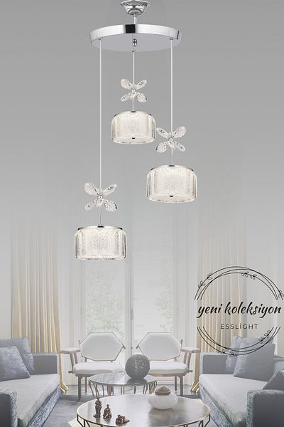 ESSLİGHT Pamir 3-Piece Pendant Lamp Led Chandelier with Candy Glass 3 Color Light Modes (White Yellow Daylight) Living Room Kitchen